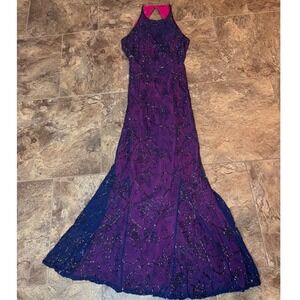 STUNNING Vtg 90s Silk Cache Purple Beaded Halter Gown‎ Formal S Dress Whimsical